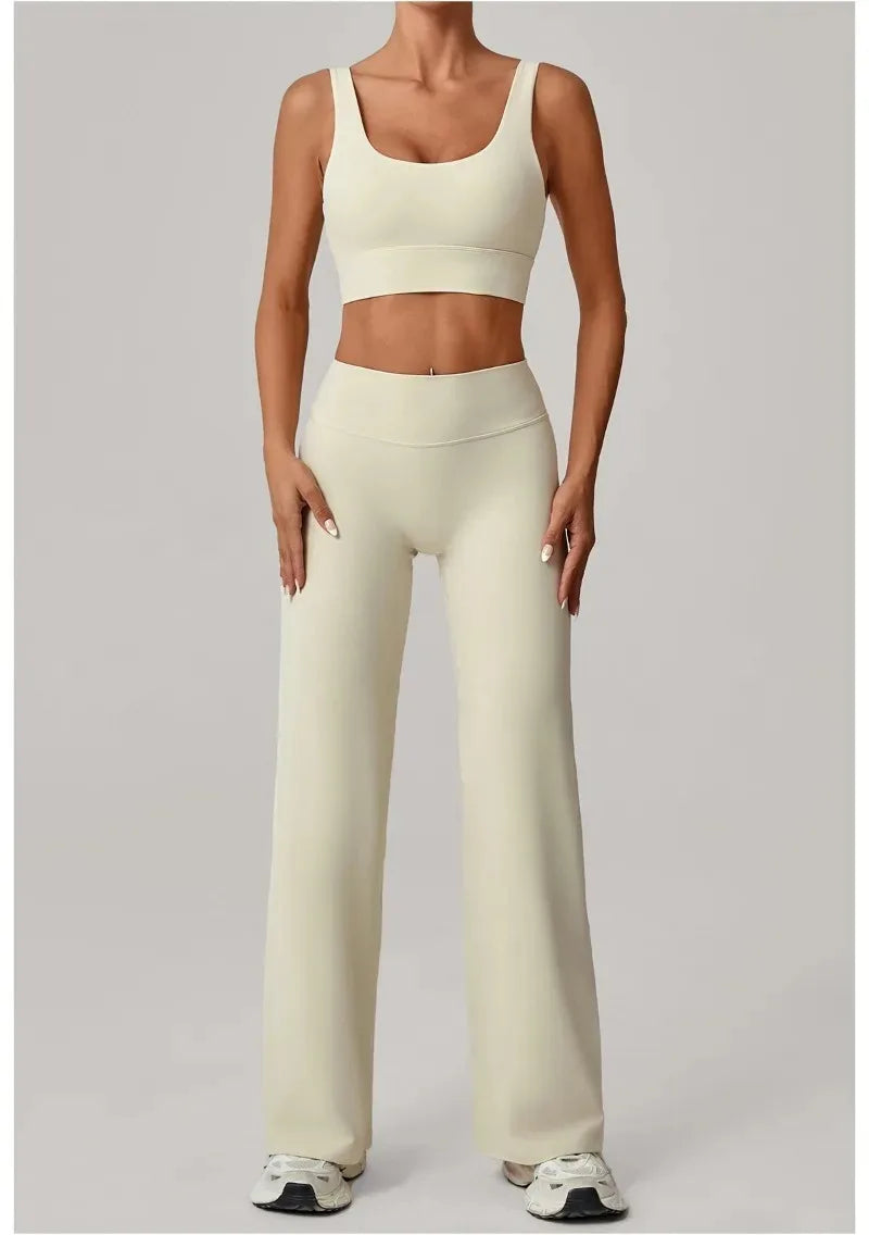 New Women Yoga Set Double Strap Bra Straight Leg Pants Quick Dry Gym Fitness Workout Clothes Outdoor Running Sports Set