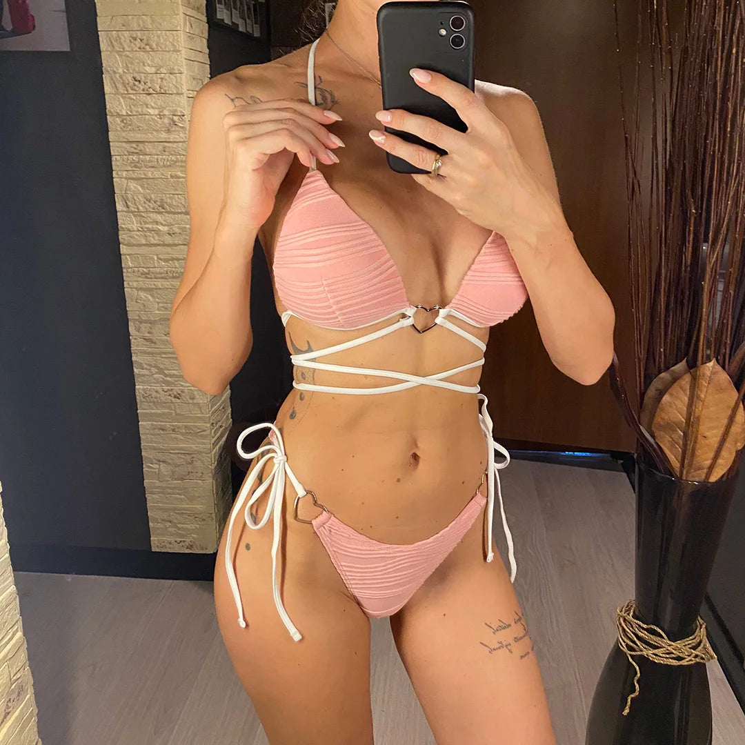 New Wrap Around Halter Wrinkled Bikini Women Swimwear Female Swimsuit Two-pieces Bikini set Bather Bathing Suit Swim Lady V4081