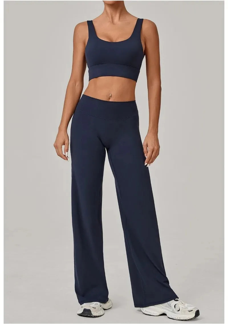 New Women Yoga Set Double Strap Bra Straight Leg Pants Quick Dry Gym Fitness Workout Clothes Outdoor Running Sports Set