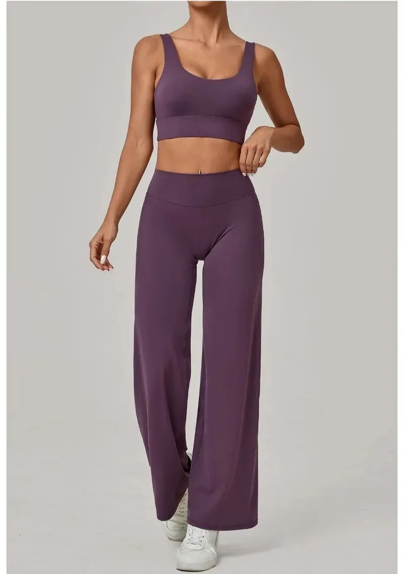 New Women Yoga Set Double Strap Bra Straight Leg Pants Quick Dry Gym Fitness Workout Clothes Outdoor Running Sports Set