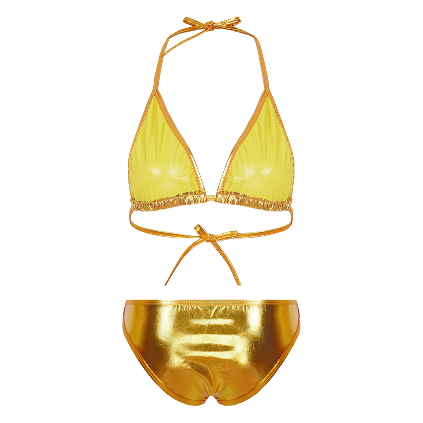 Womens Metallic Shiny Bikini Swimwear Pool Party Swimming Bathing Suit Halter Lace-up Bra with O Ring Briefs Bikini Swimsuit