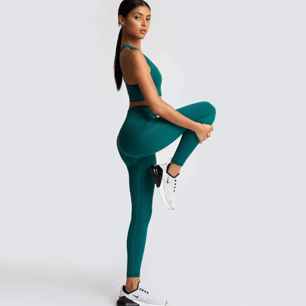 Women's Seamless Yoga Set Fitness Crop Top & Tummy Control High Waist Leggings with Built-in Bra Workout