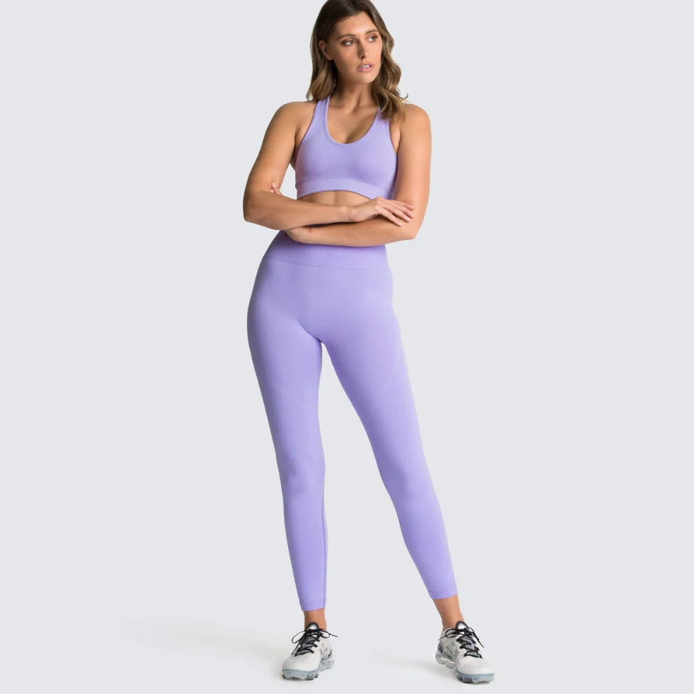 Women's Seamless Yoga Set Fitness Crop Top & Tummy Control High Waist Leggings with Built-in Bra Workout