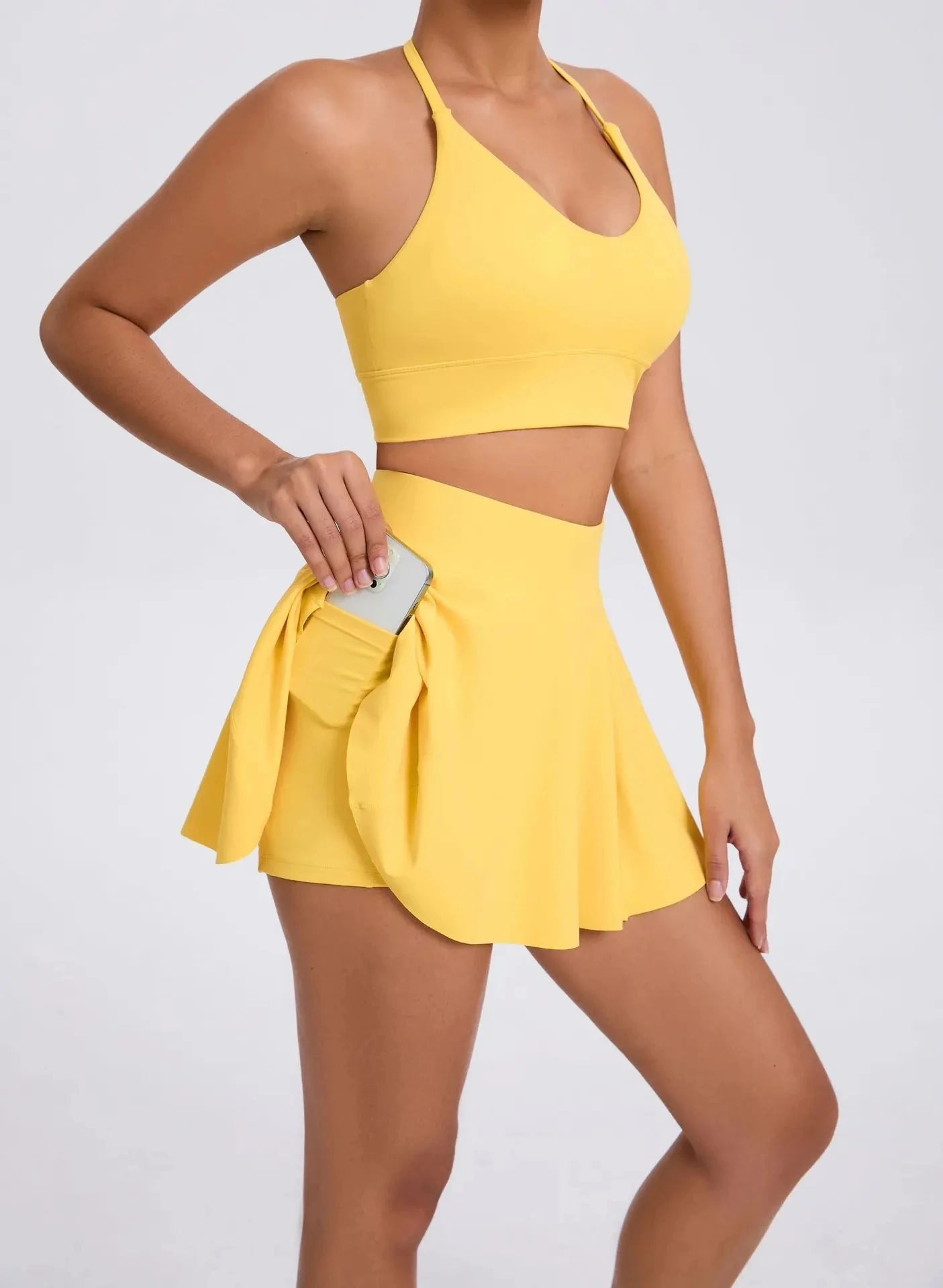 Yoga Set Casual Outdoor Bra Tennis Short Skirt Anti-light Running Pocket Fitness Suit Breathable Yoga Tank Top Tennis Suit Set