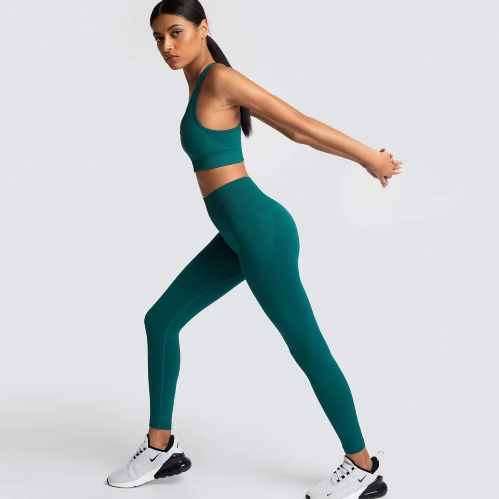Women's Seamless Yoga Set Fitness Crop Top & Tummy Control High Waist Leggings with Built-in Bra Workout