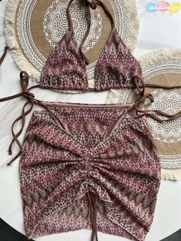Women Swimsuit Colored Maple Leaves Knitted Bikini Skirt Three-Piece Set Split Swimsuit Bikini