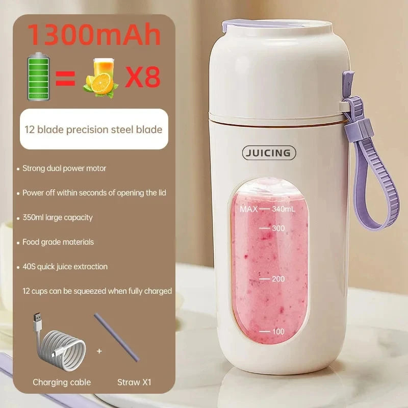 Portable Multi-function USB Wireless Juicer 12-blade Head Fast Juice Extraction 2600mAh Capacity Indoor and Outdoor Mixing Cup