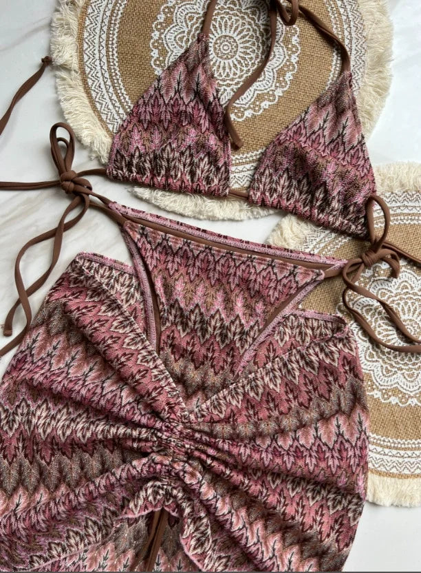 Women Swimsuit Colored Maple Leaves Knitted Bikini Skirt Three-Piece Set Split Swimsuit Bikini