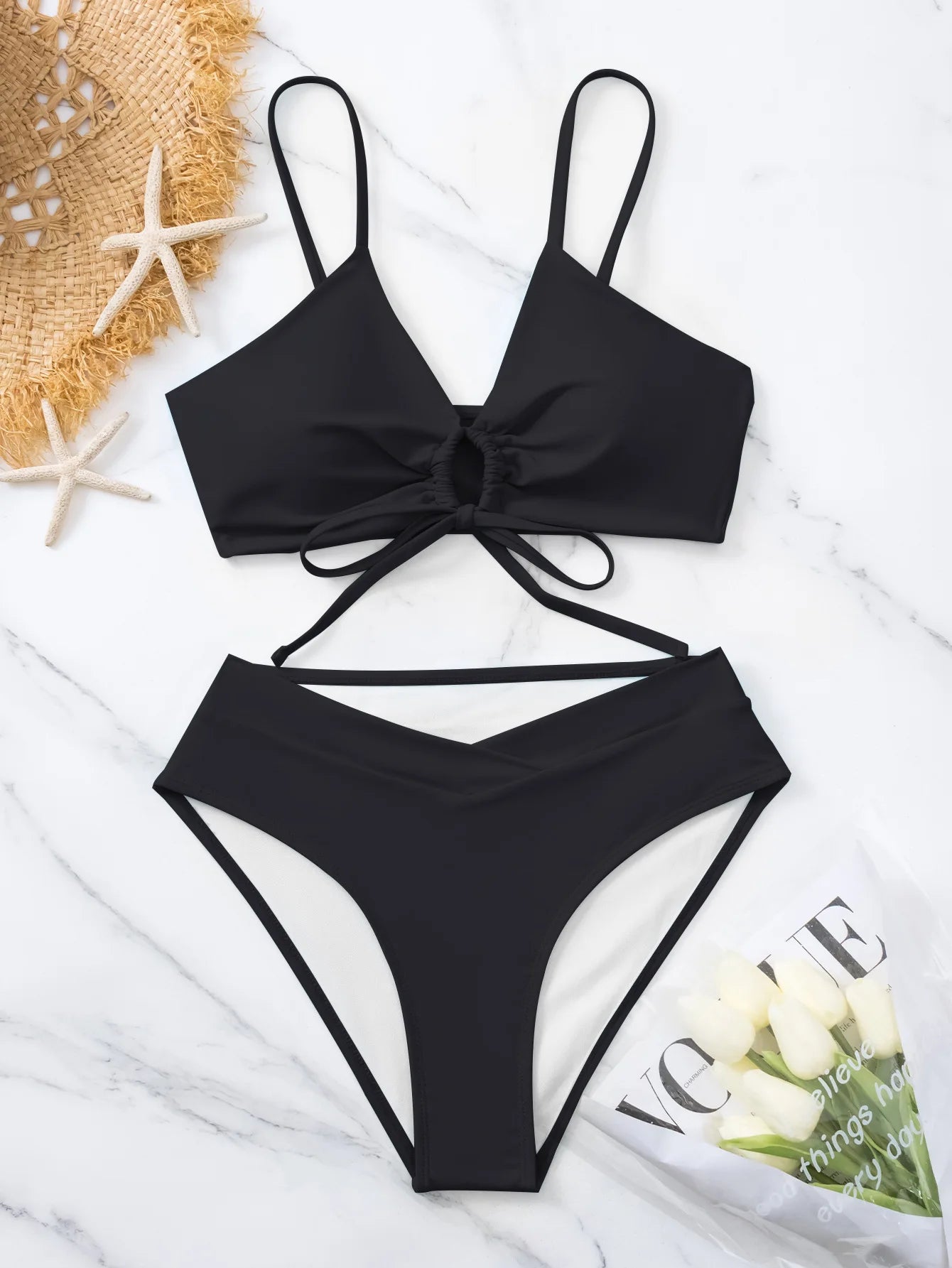 New Women's Swimsuit High Waist Two Piece Bikini Set Hollow Out V-neck Bandage Cross Backless Beach Swimwear Summer Bathing Suit