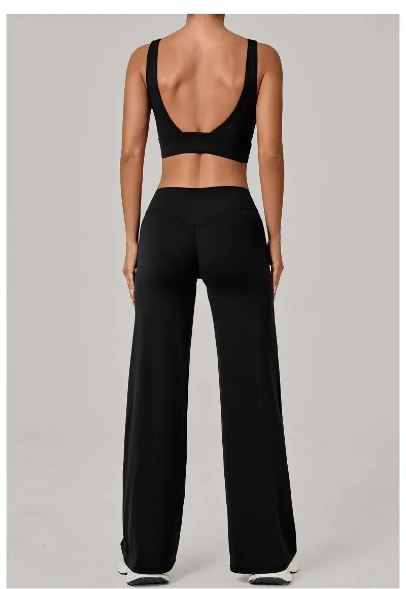 New Women Yoga Set Double Strap Bra Straight Leg Pants Quick Dry Gym Fitness Workout Clothes Outdoor Running Sports Set