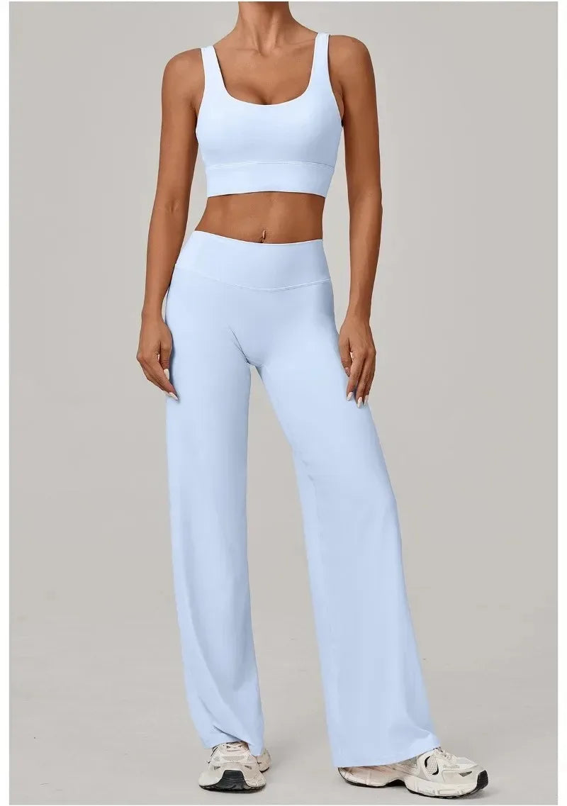 New Women Yoga Set Double Strap Bra Straight Leg Pants Quick Dry Gym Fitness Workout Clothes Outdoor Running Sports Set