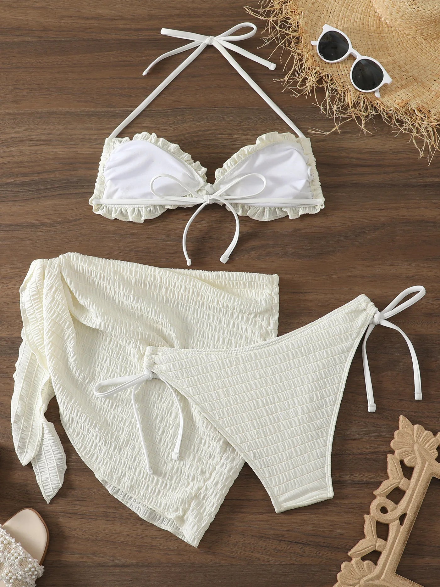 2024 New 3 Pieces Set Swimsuit Women Thong Swimwear Sexy Ruffle Bikini Set With Sarong Mesh Skirt Beachwear Bathing Suit White