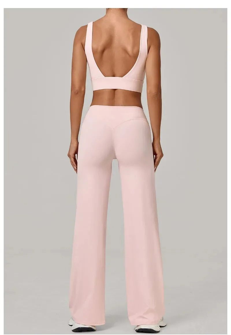 New Women Yoga Set Double Strap Bra Straight Leg Pants Quick Dry Gym Fitness Workout Clothes Outdoor Running Sports Set