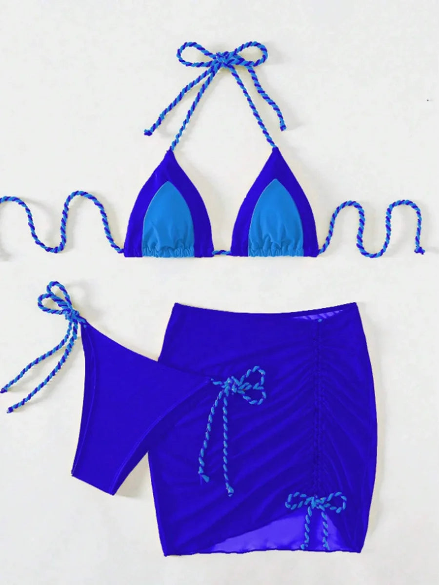 2026 Halter String 3 Piece Bikini Drawstring Skirt Swimsuit Women Swimwear Female Bather Bathing Swimming Swim Suit Beachwear