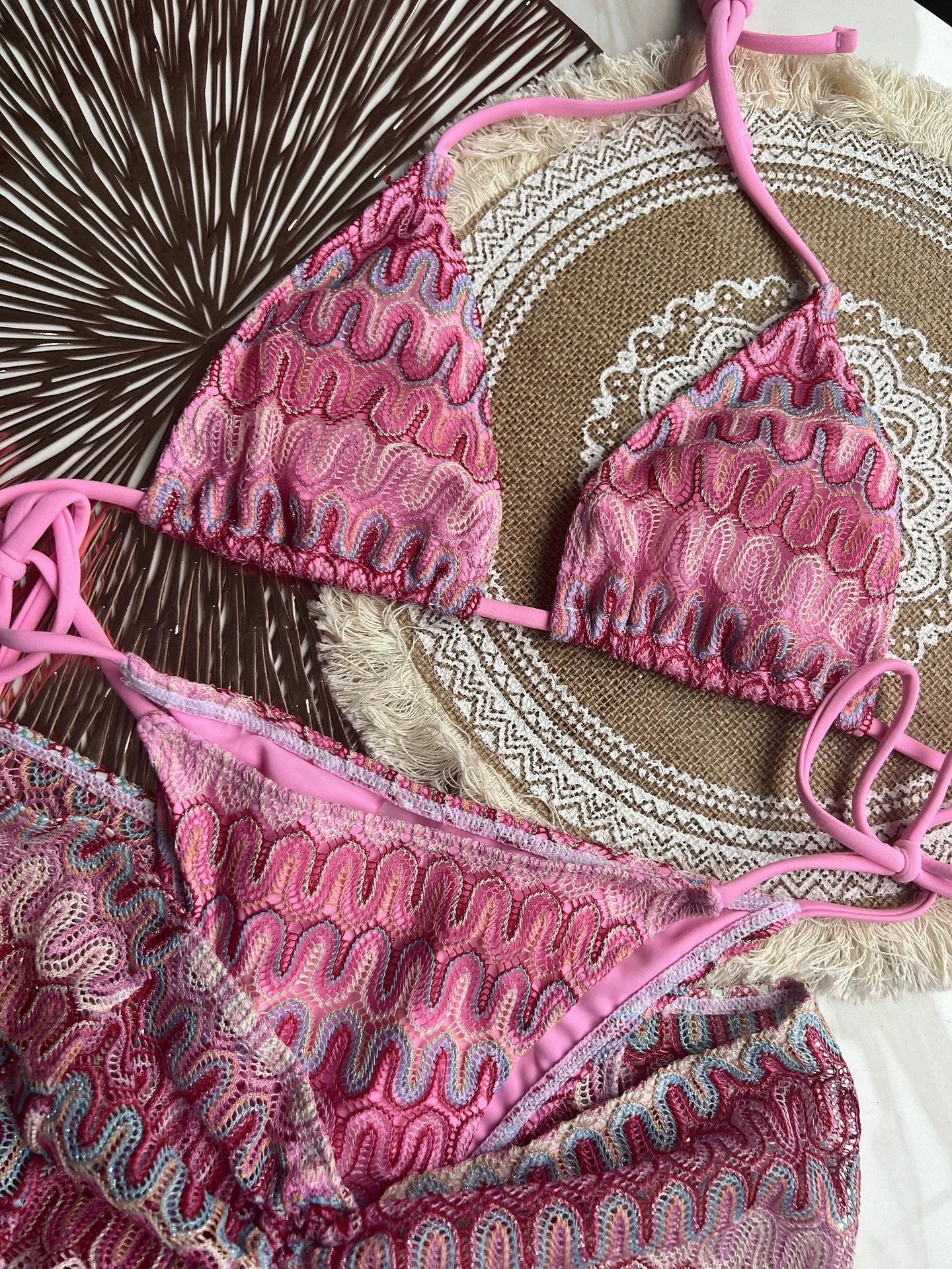 Women Swimsuit Colored Maple Leaves Knitted Bikini Skirt Three-Piece Set Split Swimsuit Bikini