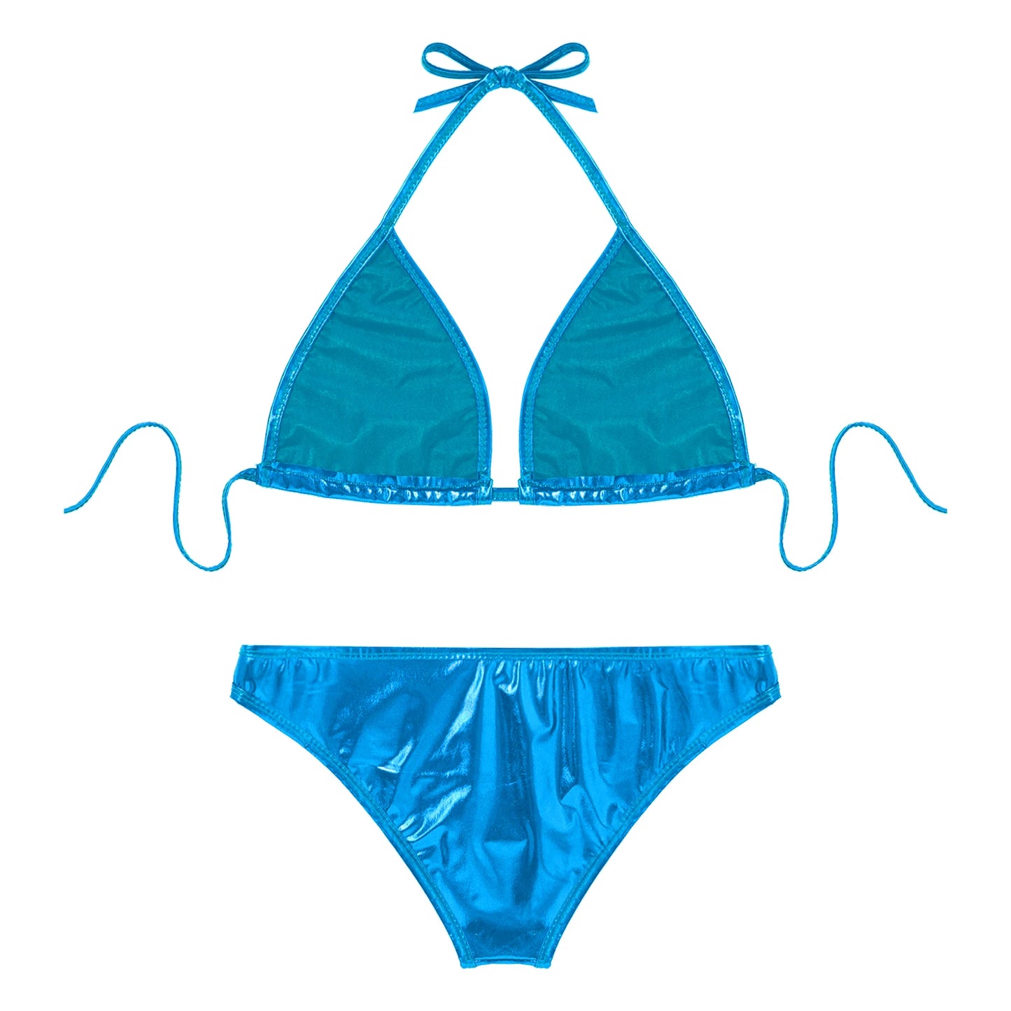 Womens Metallic Shiny Bikini Swimwear Pool Party Swimming Bathing Suit Halter Lace-up Bra with O Ring Briefs Bikini Swimsuit