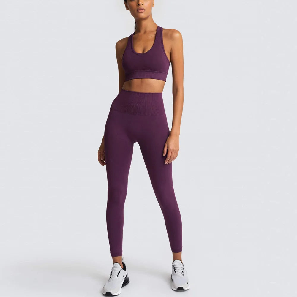 Women's Seamless Yoga Set Fitness Crop Top & Tummy Control High Waist Leggings with Built-in Bra Workout