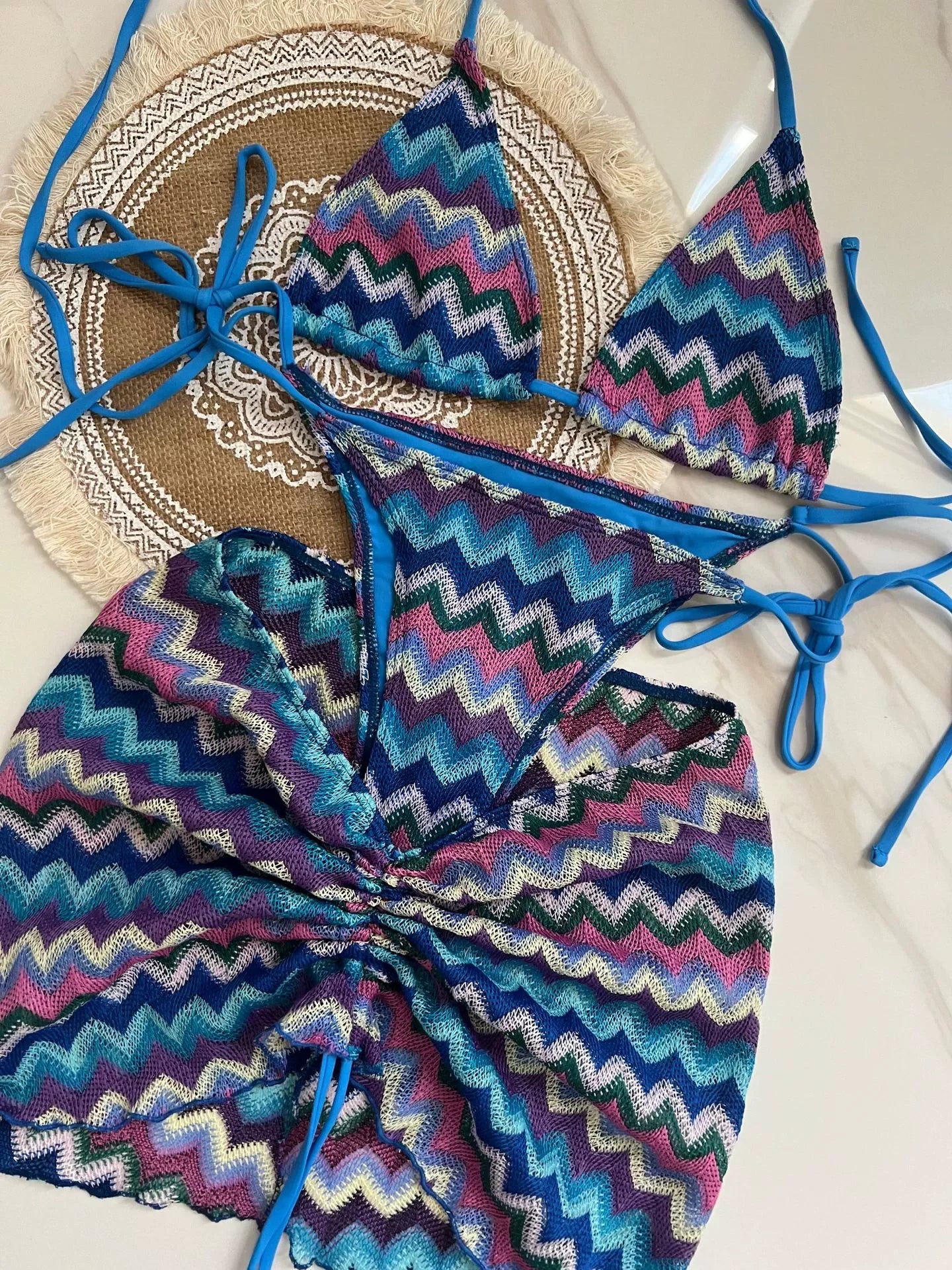 Women Swimsuit Colored Maple Leaves Knitted Bikini Skirt Three-Piece Set Split Swimsuit Bikini