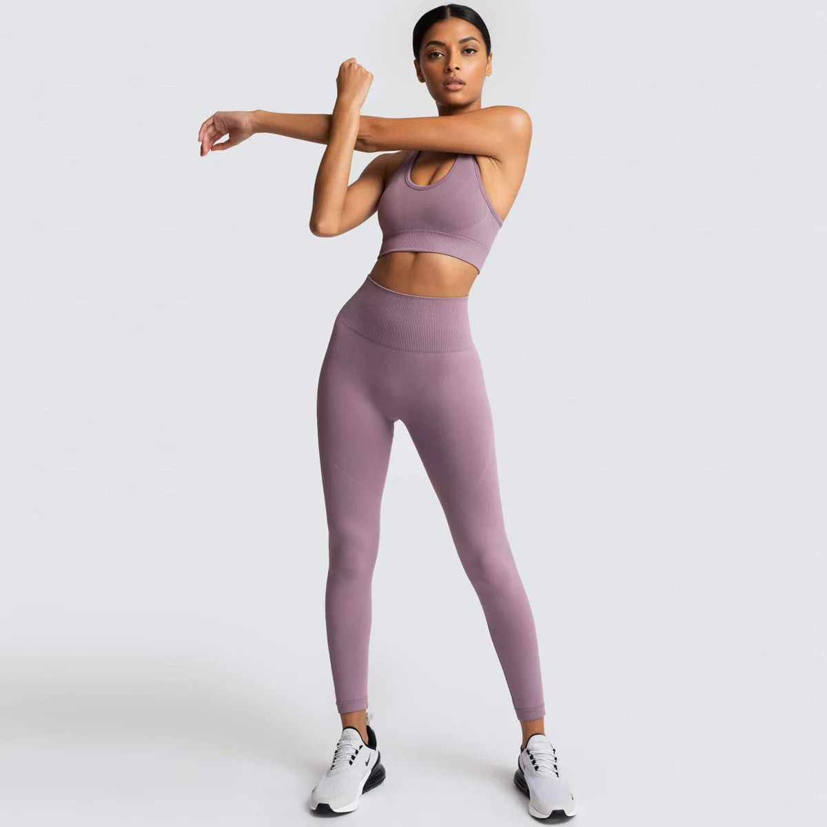 Women's Seamless Yoga Set Fitness Crop Top & Tummy Control High Waist Leggings with Built-in Bra Workout