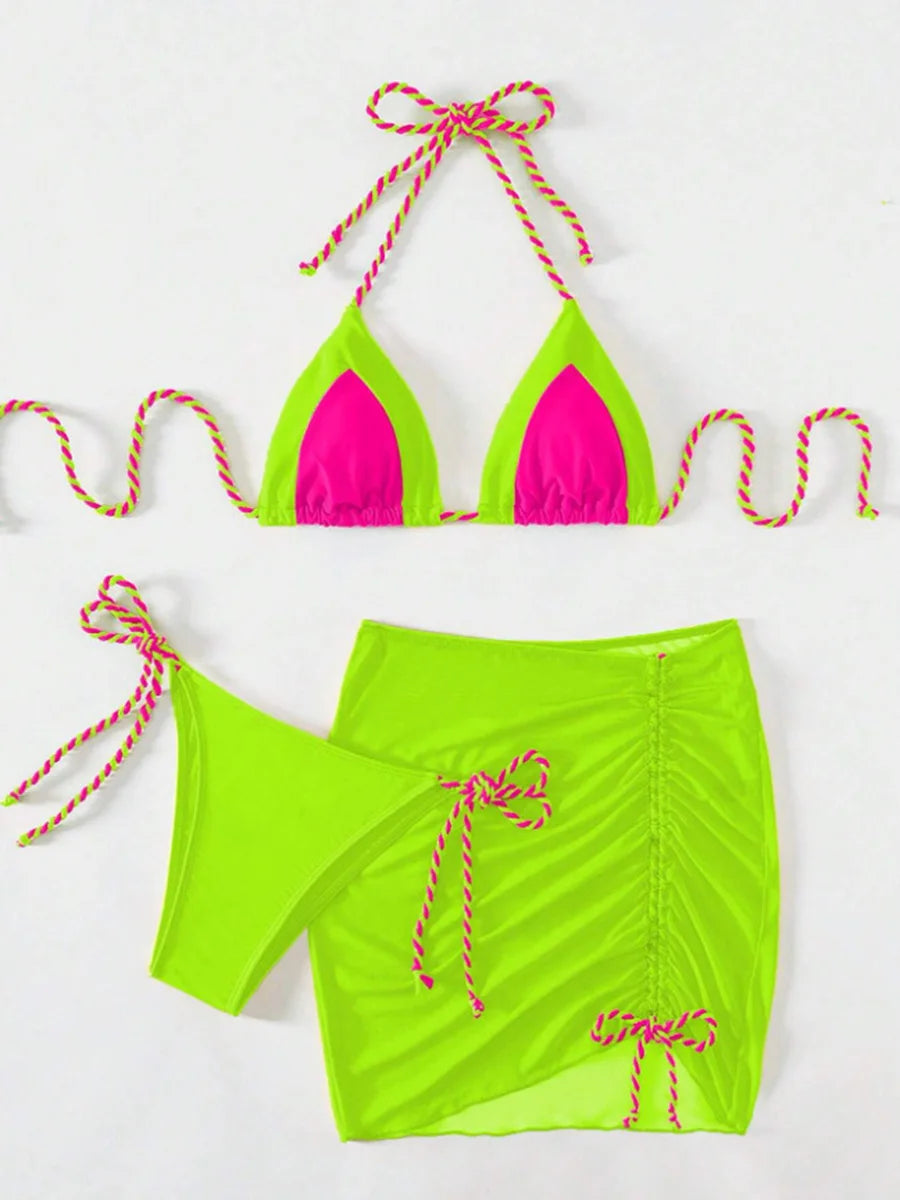 2026 Halter String 3 Piece Bikini Drawstring Skirt Swimsuit Women Swimwear Female Bather Bathing Swimming Swim Suit Beachwear