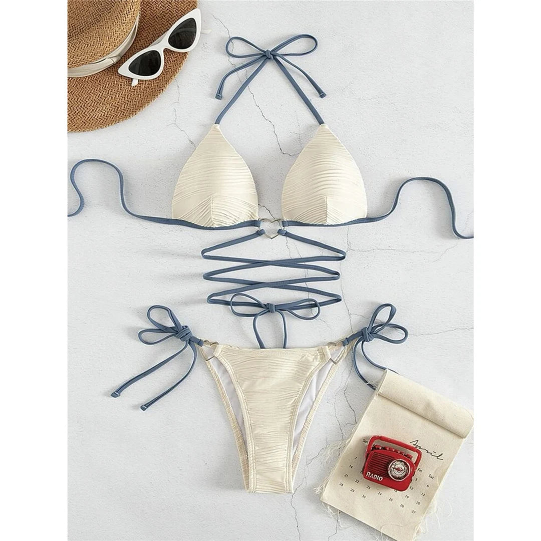 New Wrap Around Halter Wrinkled Bikini Women Swimwear Female Swimsuit Two-pieces Bikini set Bather Bathing Suit Swim Lady V4081