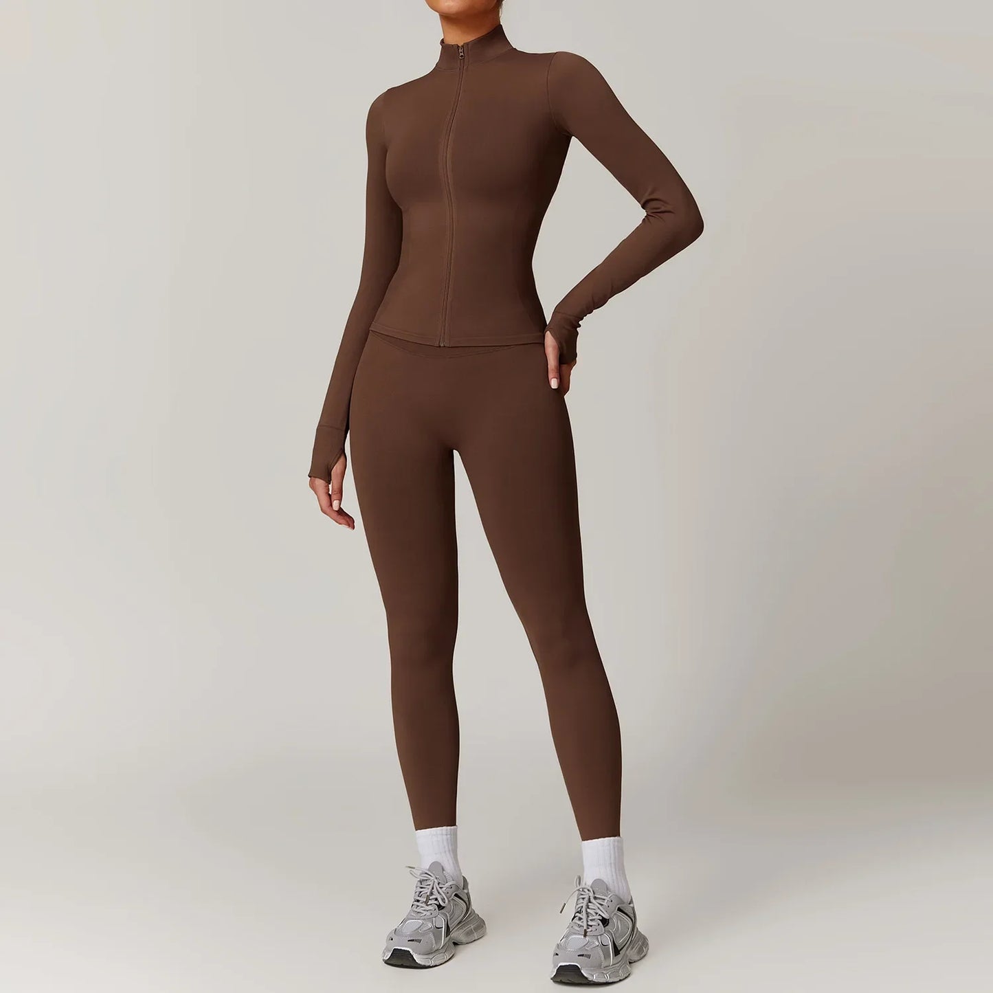 Women's Yoga Set 2025 New Solid Color High Waist Hip Lifting Pants Sports Zipper Long Sleeve Coat Top Jacket Yoga Clothing