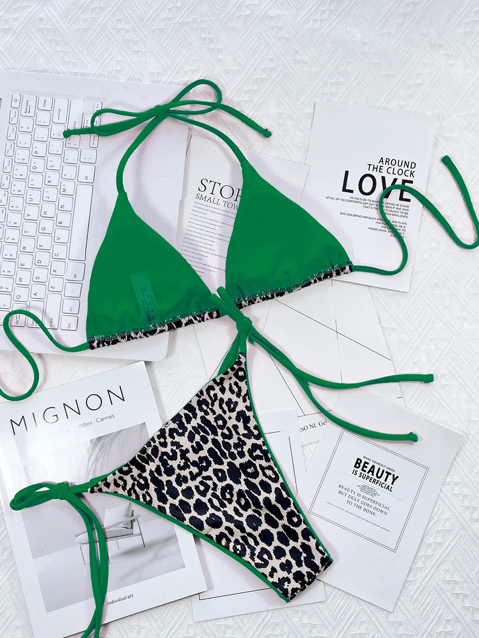 Sexy Leopard Micro Bikini 2023 Women Swimsuit Female Swimwear Thong Bikinis Set Brazilian Halter Beach Wear Lace Up Bathing Suit
