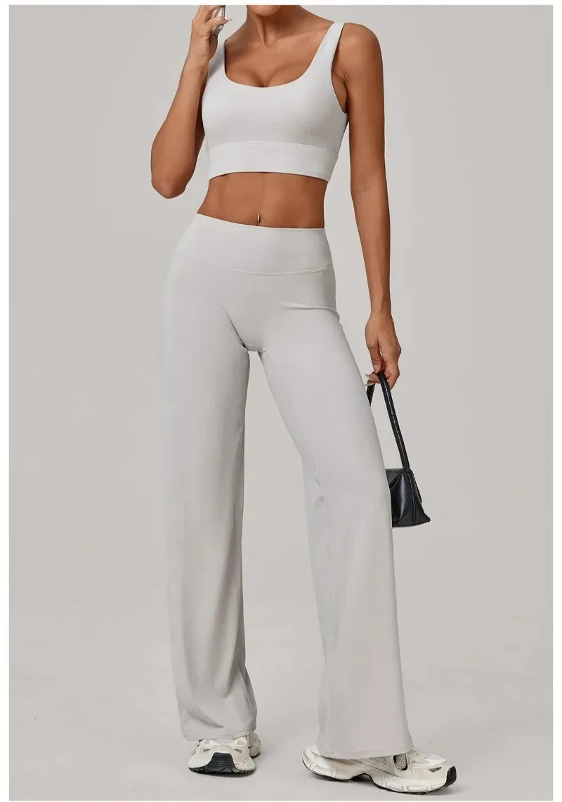 New Women Yoga Set Double Strap Bra Straight Leg Pants Quick Dry Gym Fitness Workout Clothes Outdoor Running Sports Set