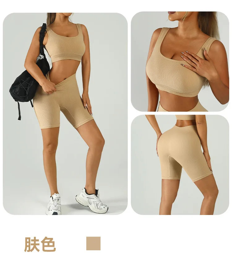 Women Seamless Yoga Set High Waist Biker Shorts Sports Bra Workout Outfit Summer