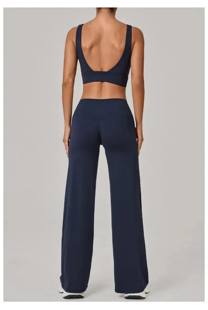 New Women Yoga Set Double Strap Bra Straight Leg Pants Quick Dry Gym Fitness Workout Clothes Outdoor Running Sports Set