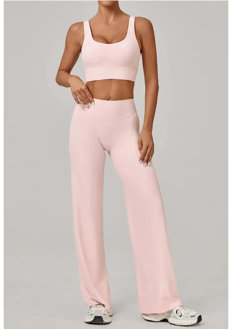 New Women Yoga Set Double Strap Bra Straight Leg Pants Quick Dry Gym Fitness Workout Clothes Outdoor Running Sports Set