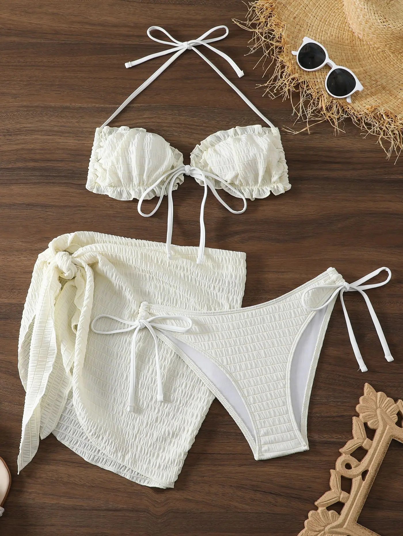 2024 New 3 Pieces Set Swimsuit Women Thong Swimwear Sexy Ruffle Bikini Set With Sarong Mesh Skirt Beachwear Bathing Suit White