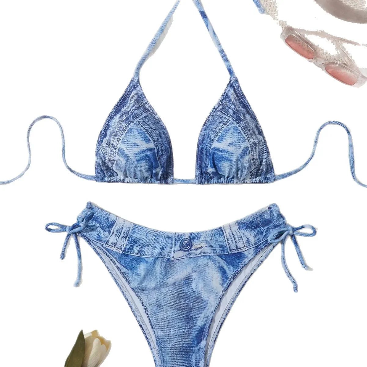 Sexy High Waist Triangle Pant Bikini Set Women's Two-Piece Swimsuit Denim Print Separate Swimwear Cross-Border Clothing