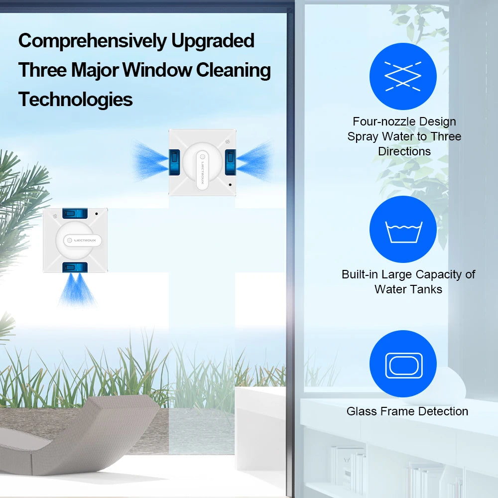 Robot Window Cleaner LIECTROUX YW509,4-Way Water Spray,Home Wall Glass Window Robot Vacuum Cleaner,Updated Laser,Smart Memory