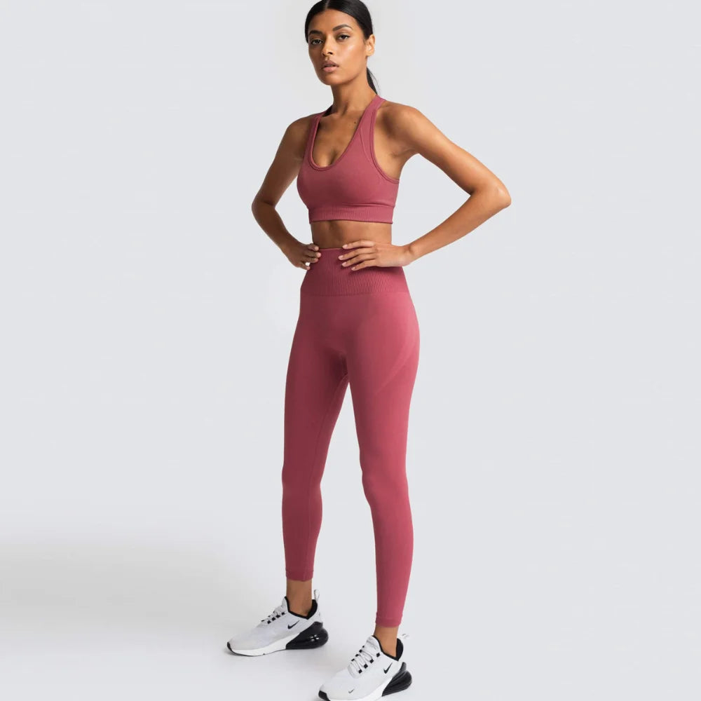 Women's Seamless Yoga Set Fitness Crop Top & Tummy Control High Waist Leggings with Built-in Bra Workout