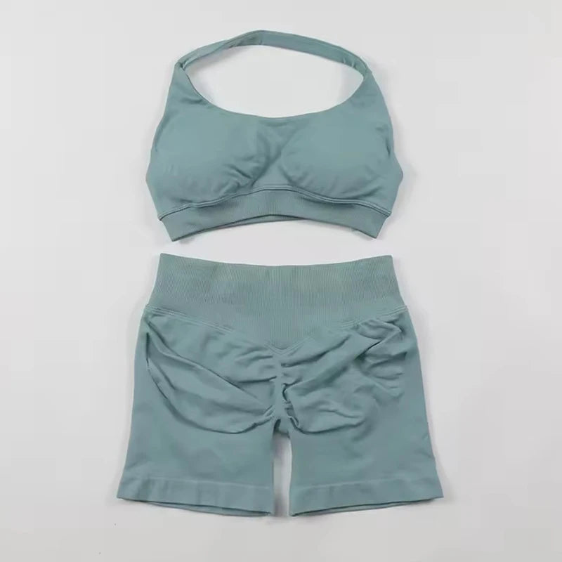 Sports Shorts Set 2 Pieces Seamless Yoga Set Workout Tracksuit Halter Yoga Top And Sports Short Suit