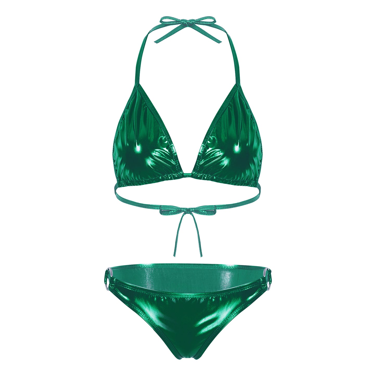Womens Metallic Shiny Bikini Swimwear Pool Party Swimming Bathing Suit Halter Lace-up Bra with O Ring Briefs Bikini Swimsuit