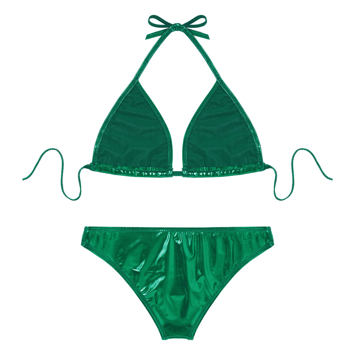 Womens Metallic Shiny Bikini Swimwear Pool Party Swimming Bathing Suit Halter Lace-up Bra with O Ring Briefs Bikini Swimsuit