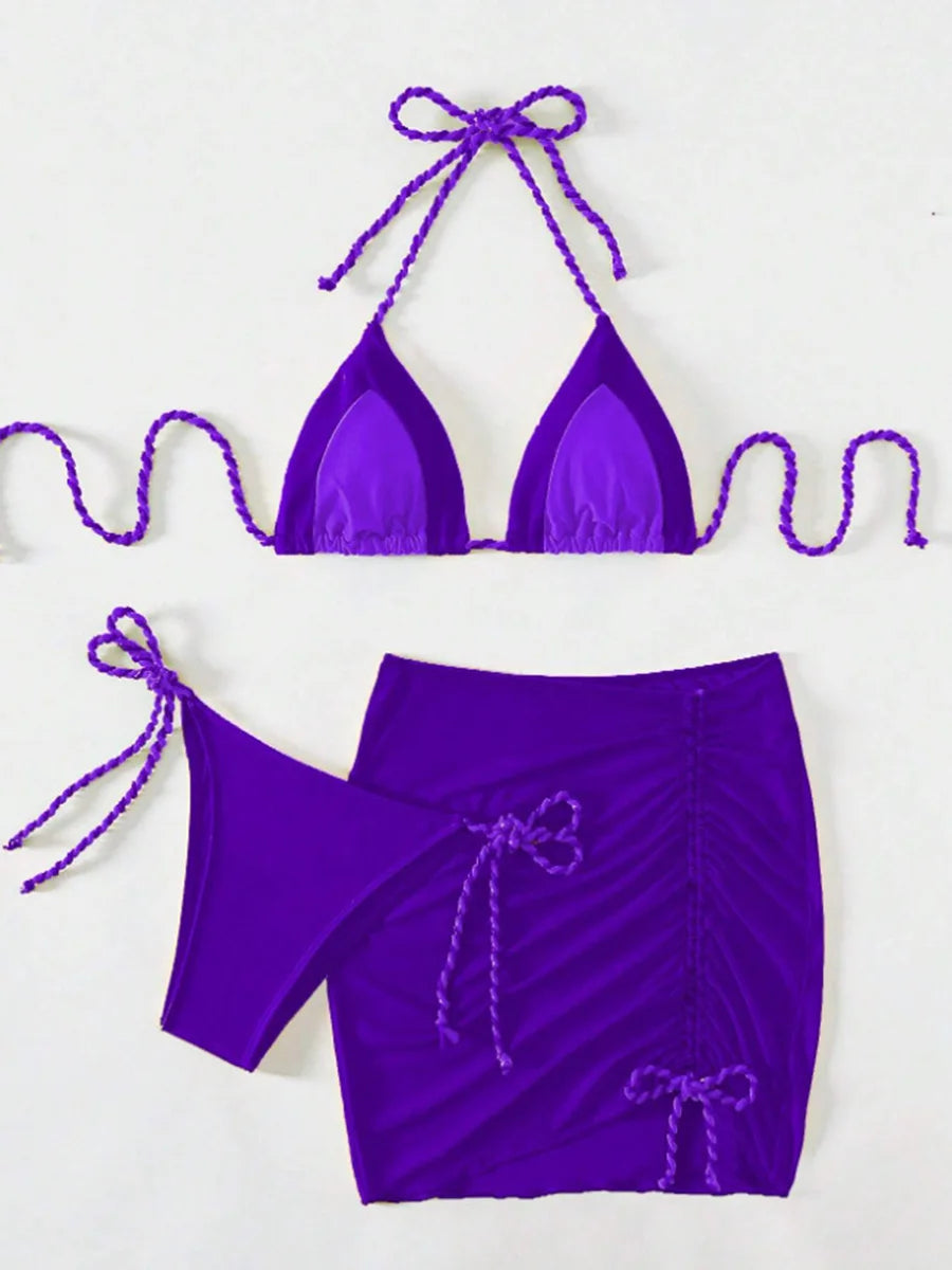 2026 Halter String 3 Piece Bikini Drawstring Skirt Swimsuit Women Swimwear Female Bather Bathing Swimming Swim Suit Beachwear