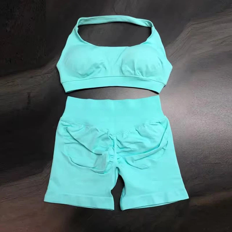 Sports Shorts Set 2 Pieces Seamless Yoga Set Workout Tracksuit Halter Yoga Top And Sports Short Suit