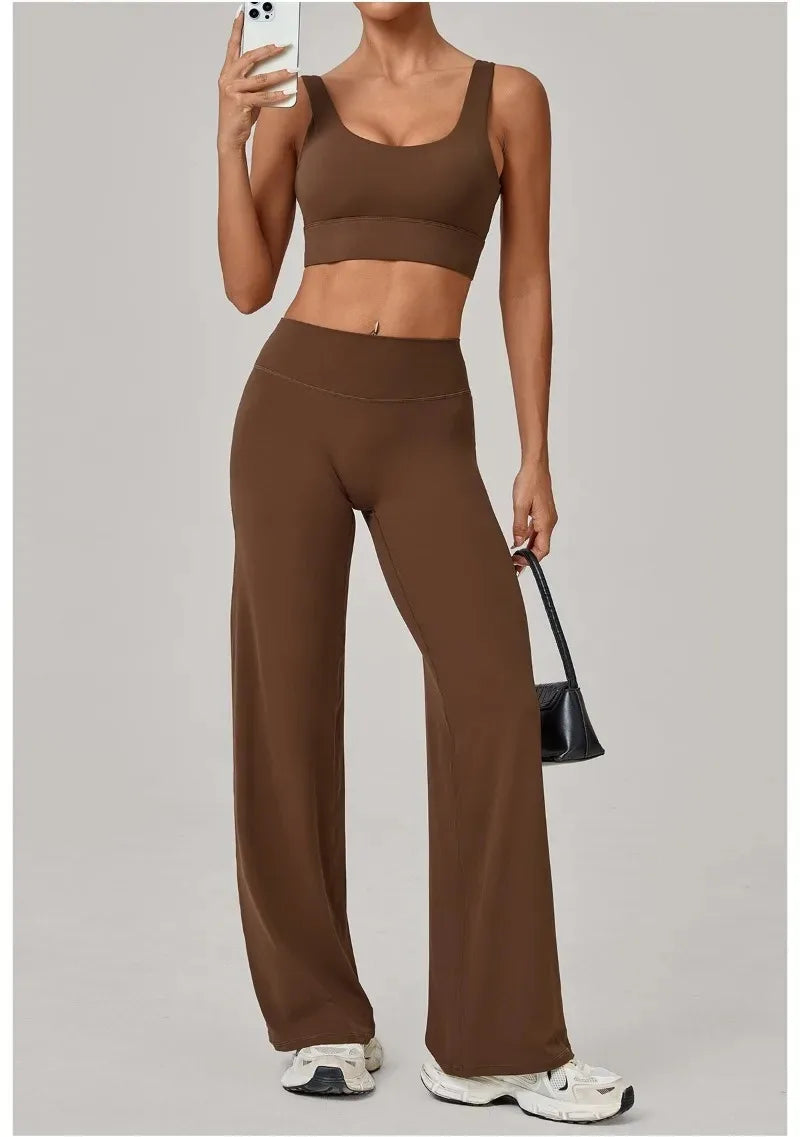 New Women Yoga Set Double Strap Bra Straight Leg Pants Quick Dry Gym Fitness Workout Clothes Outdoor Running Sports Set