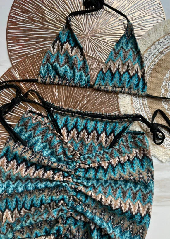 Women Swimsuit Colored Maple Leaves Knitted Bikini Skirt Three-Piece Set Split Swimsuit Bikini
