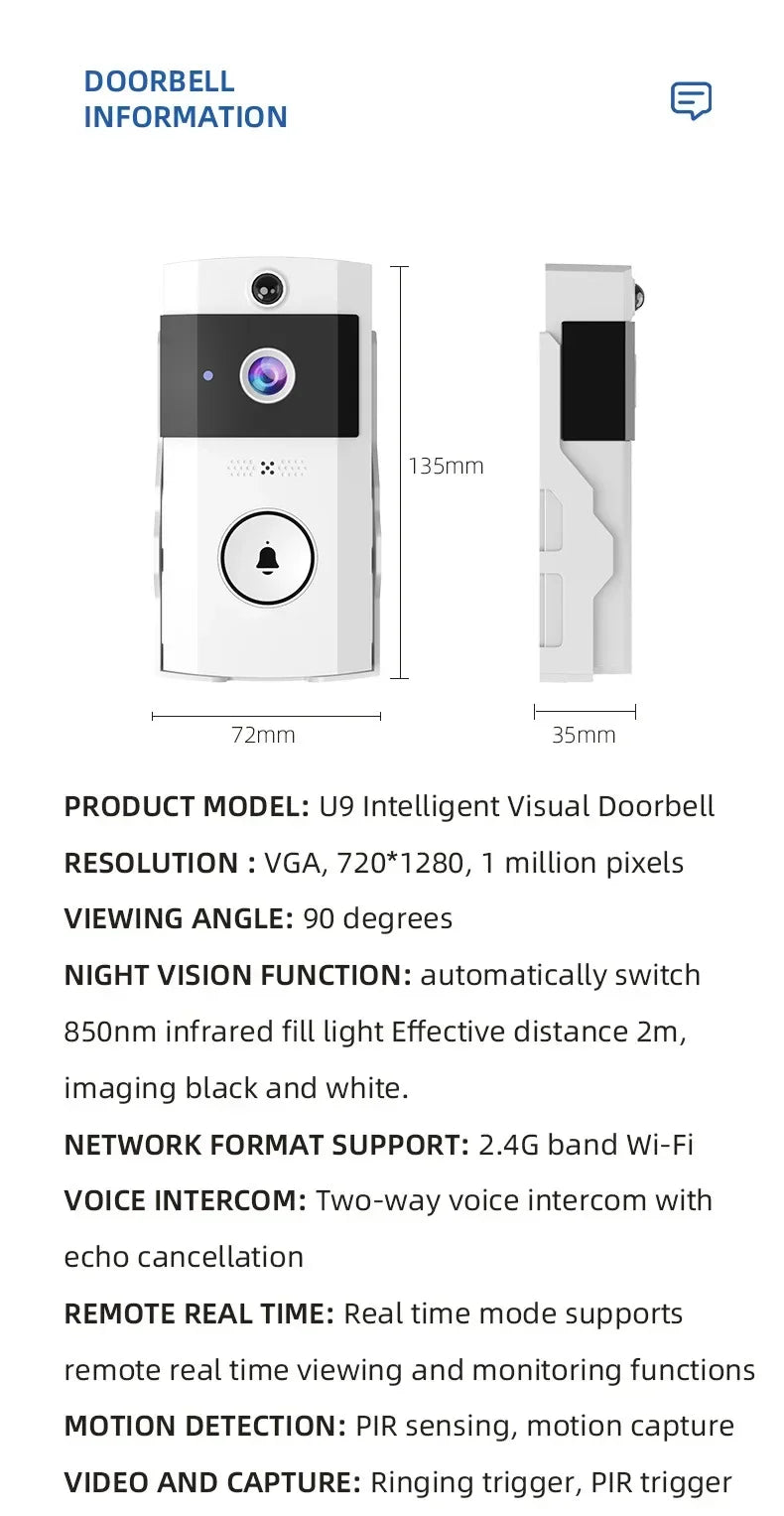 Outdoor Wireless Doorbell with Solar Cover Camera Wifi Digital Door Peepholes Waterproof Smart Home Intercom Video Eye Ring Bell