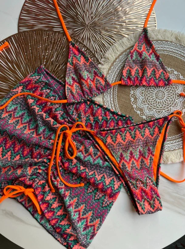Women Swimsuit Colored Maple Leaves Knitted Bikini Skirt Three-Piece Set Split Swimsuit Bikini
