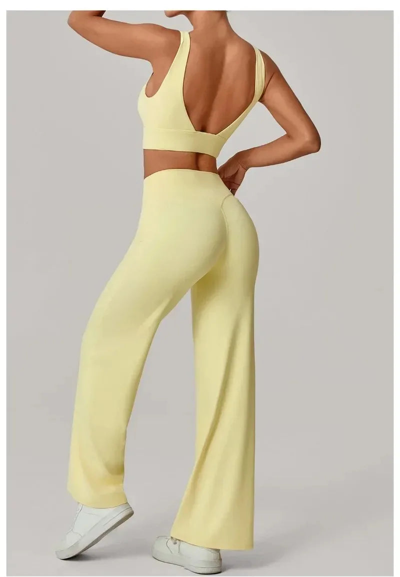 New Women Yoga Set Double Strap Bra Straight Leg Pants Quick Dry Gym Fitness Workout Clothes Outdoor Running Sports Set