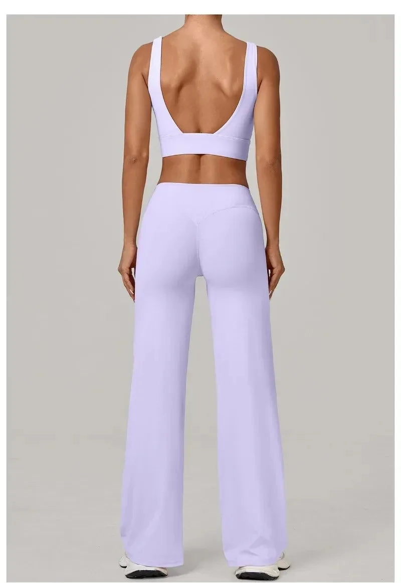 New Women Yoga Set Double Strap Bra Straight Leg Pants Quick Dry Gym Fitness Workout Clothes Outdoor Running Sports Set