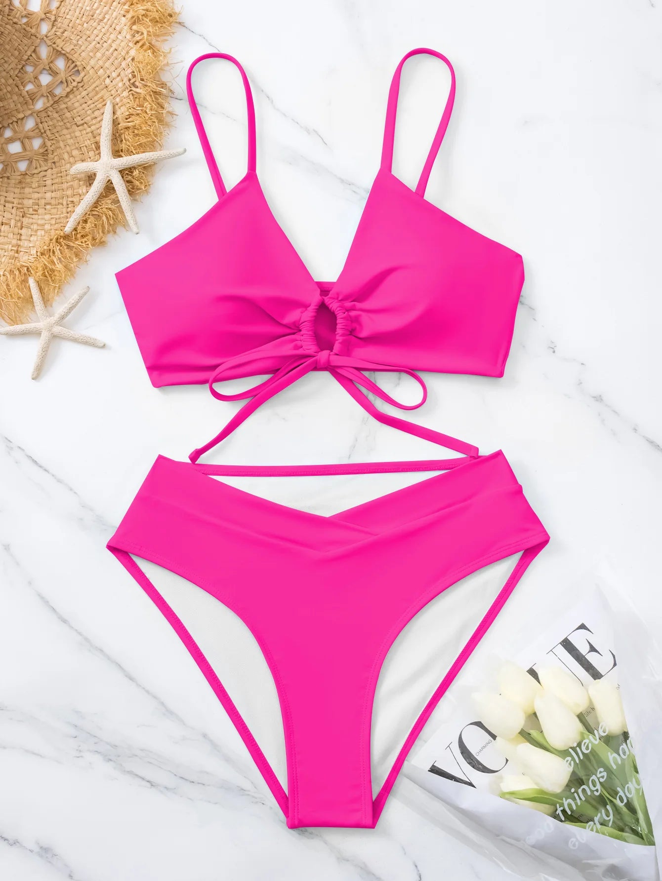 New Women's Swimsuit High Waist Two Piece Bikini Set Hollow Out V-neck Bandage Cross Backless Beach Swimwear Summer Bathing Suit