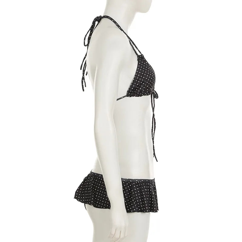 2025 Summer Vacation Beach 2 Piece Set Women Sexy Polka Dots Print Lace Up Halter Bra + Ruffles Micro Mini Skirts Swimsuit