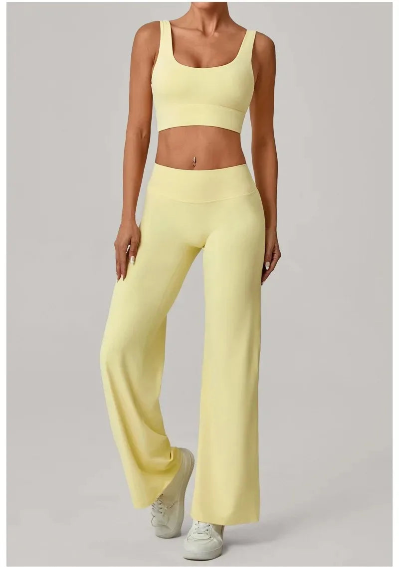 New Women Yoga Set Double Strap Bra Straight Leg Pants Quick Dry Gym Fitness Workout Clothes Outdoor Running Sports Set