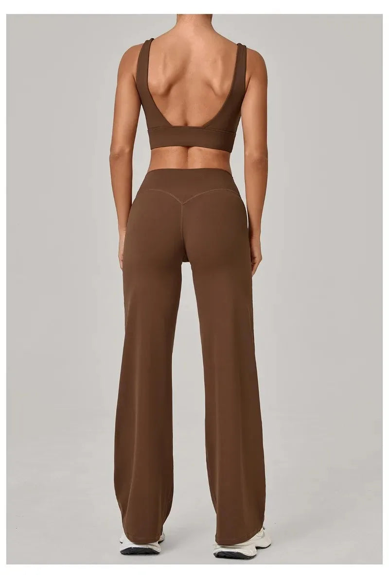 New Women Yoga Set Double Strap Bra Straight Leg Pants Quick Dry Gym Fitness Workout Clothes Outdoor Running Sports Set